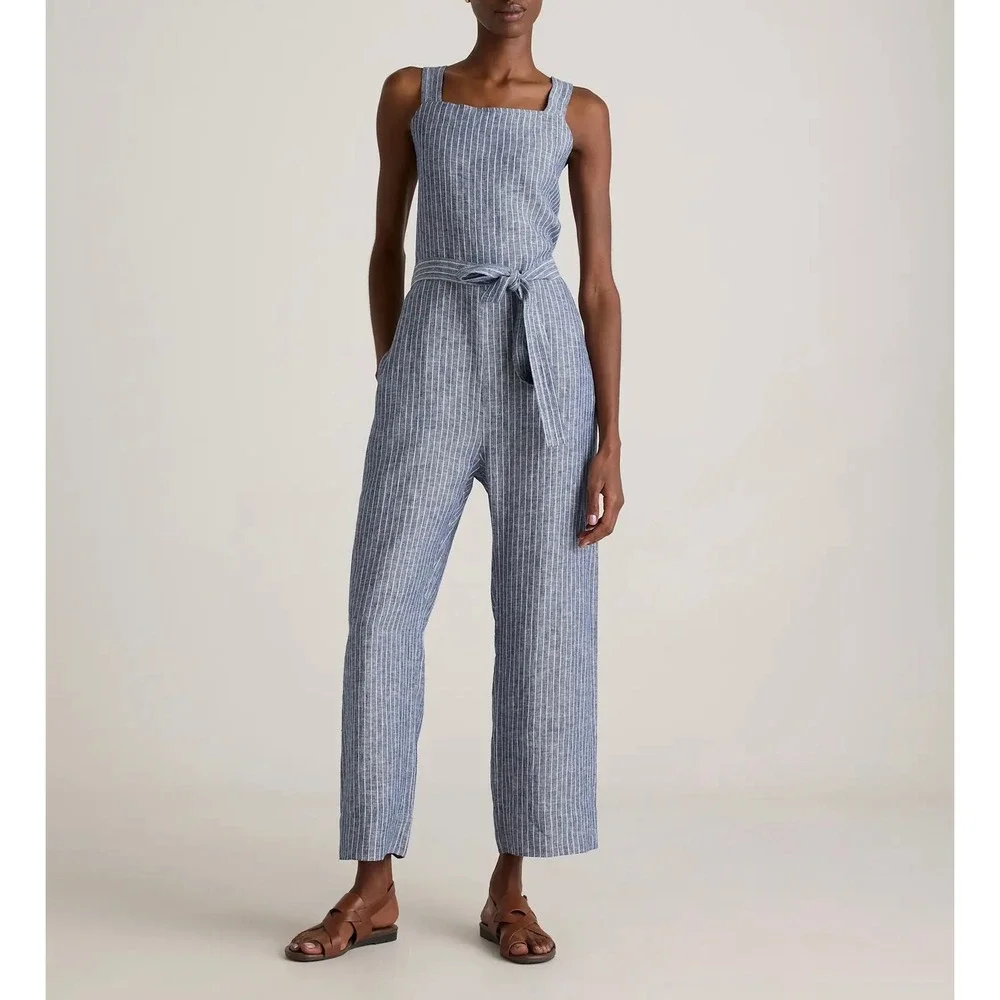 Quince Jumpsuit NO BELT European Linen Square Neck Blue Chambray Stripe Large